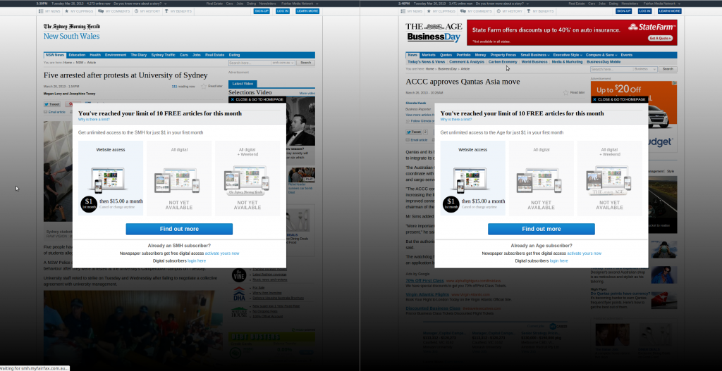 Paywalls on SMH and The Age, as seen for select international countries.